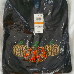 Karen Scott Black Tee Adorned with Pumpkins